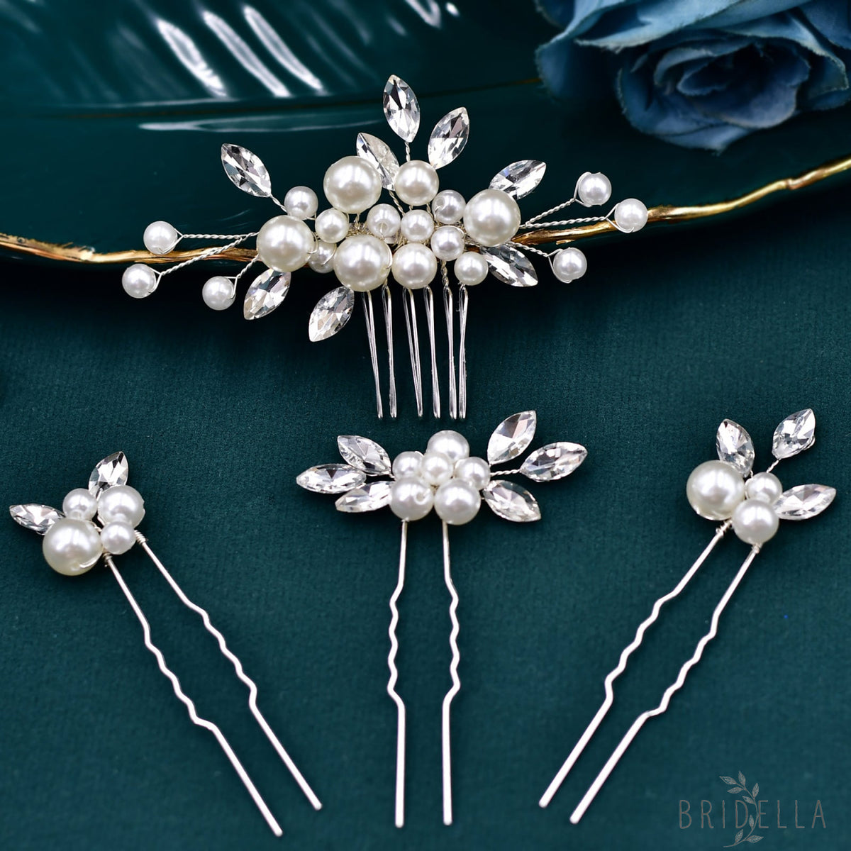 BHP591-4 pcs set silver rhinestone pearl hair comb
