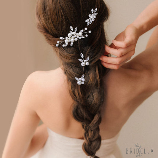 BHP591-4 pcs set silver rhinestone pearl hair comb