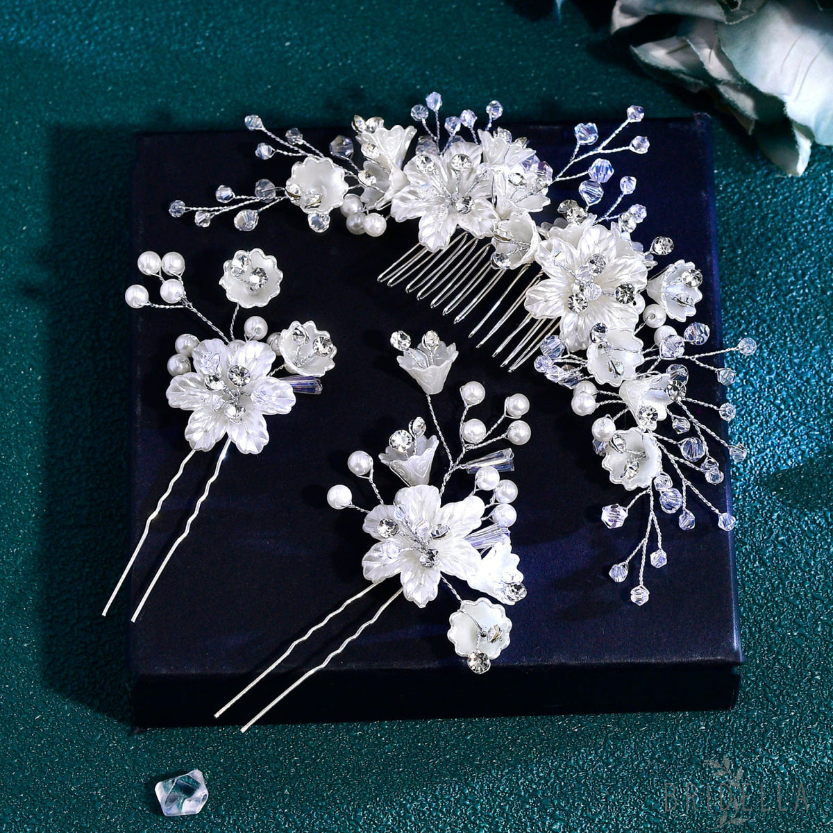 BHP856-S 1 HairComb+2 Hairpins Set silver rhinestone pearl hair comb