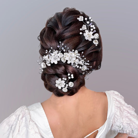 BHP856-S 1 HairComb+2 Hairpins Set silver rhinestone pearl hair comb