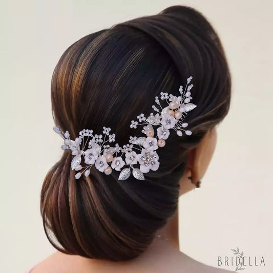 BHP337-S silver rhinestone pearl hair comb