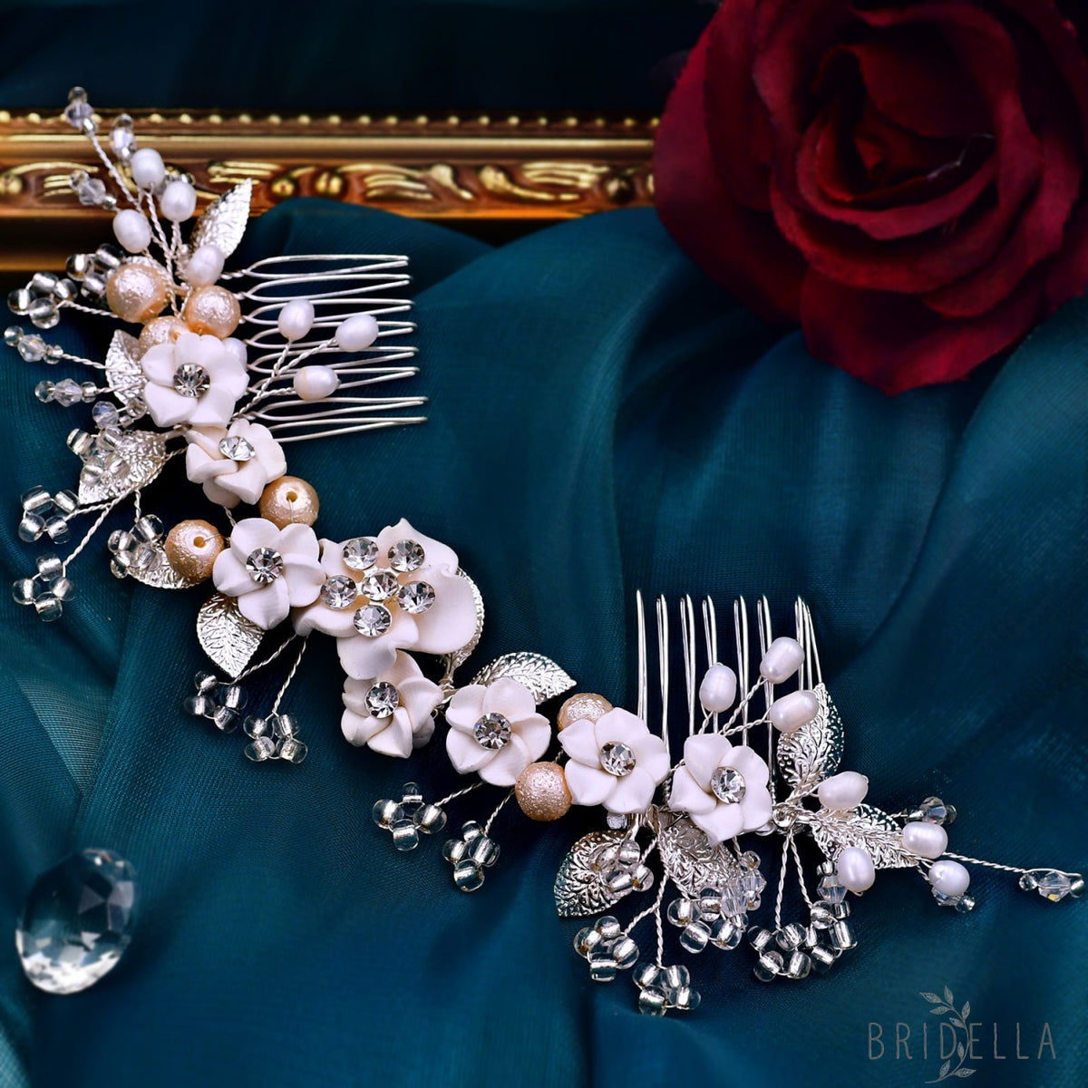 BHP337-S silver rhinestone pearl hair comb
