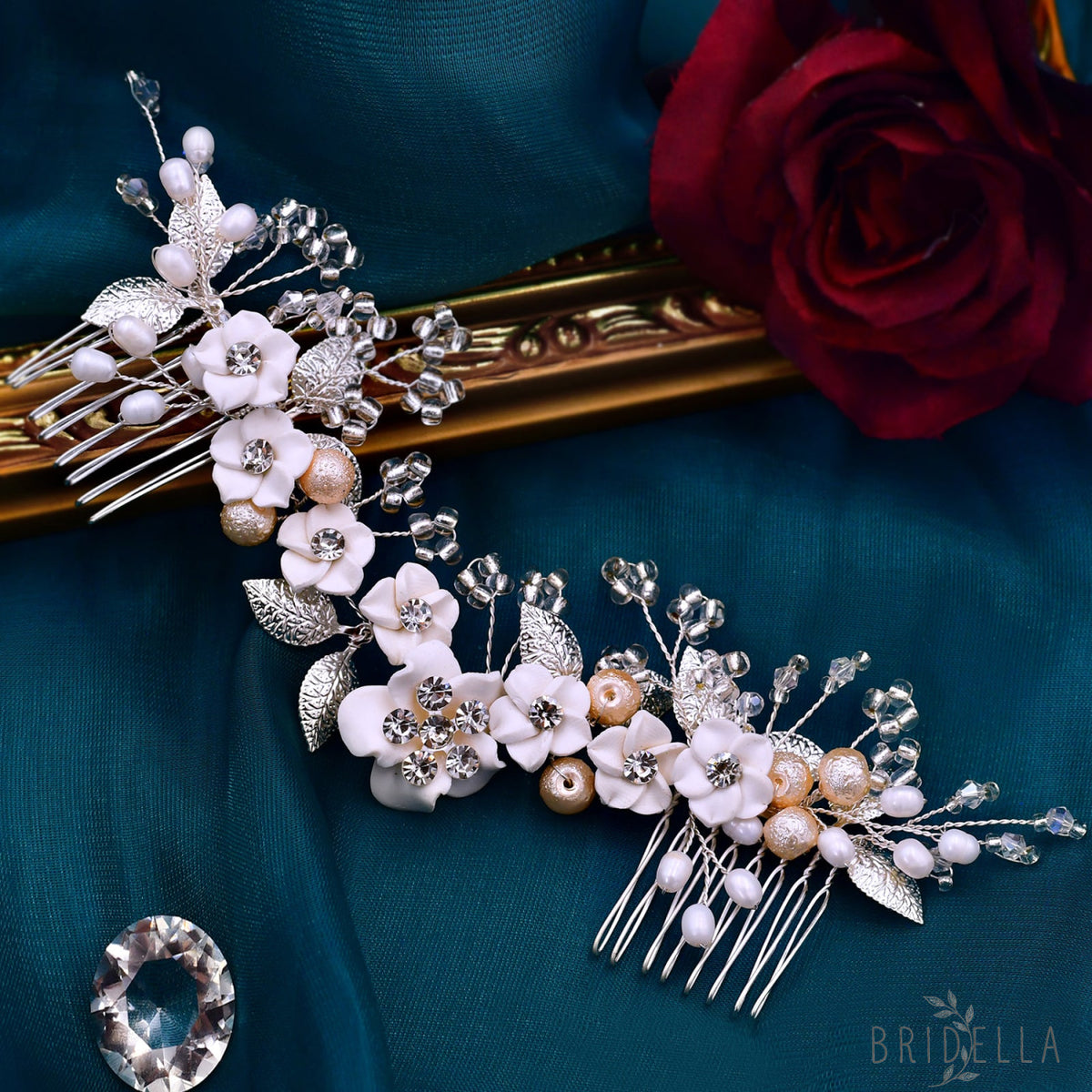 BHP337-S silver rhinestone pearl hair comb