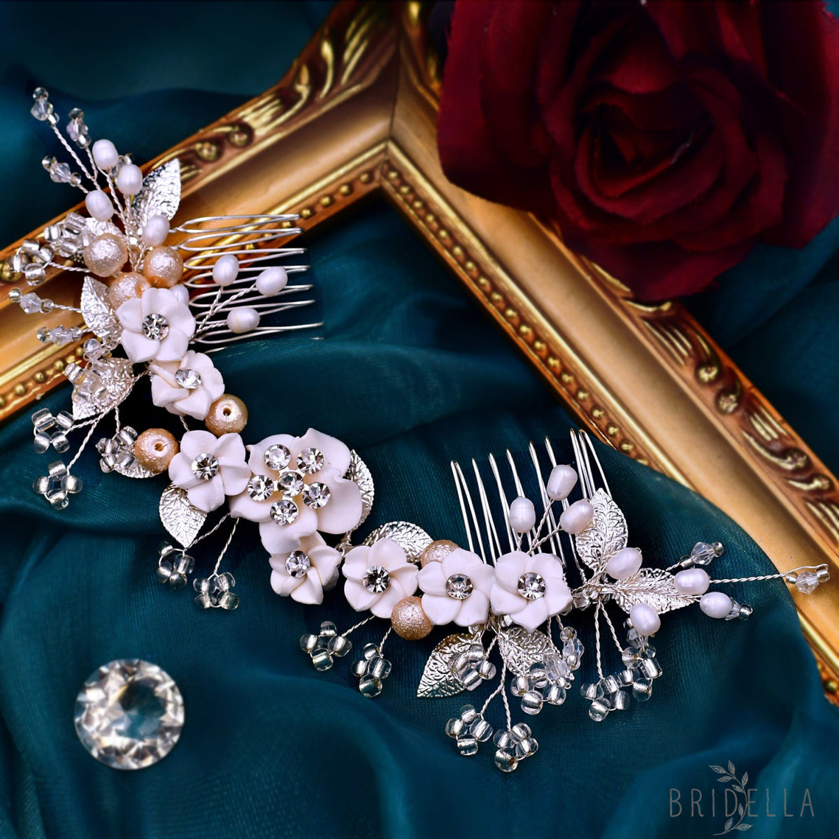 BHP337-S silver rhinestone pearl hair comb