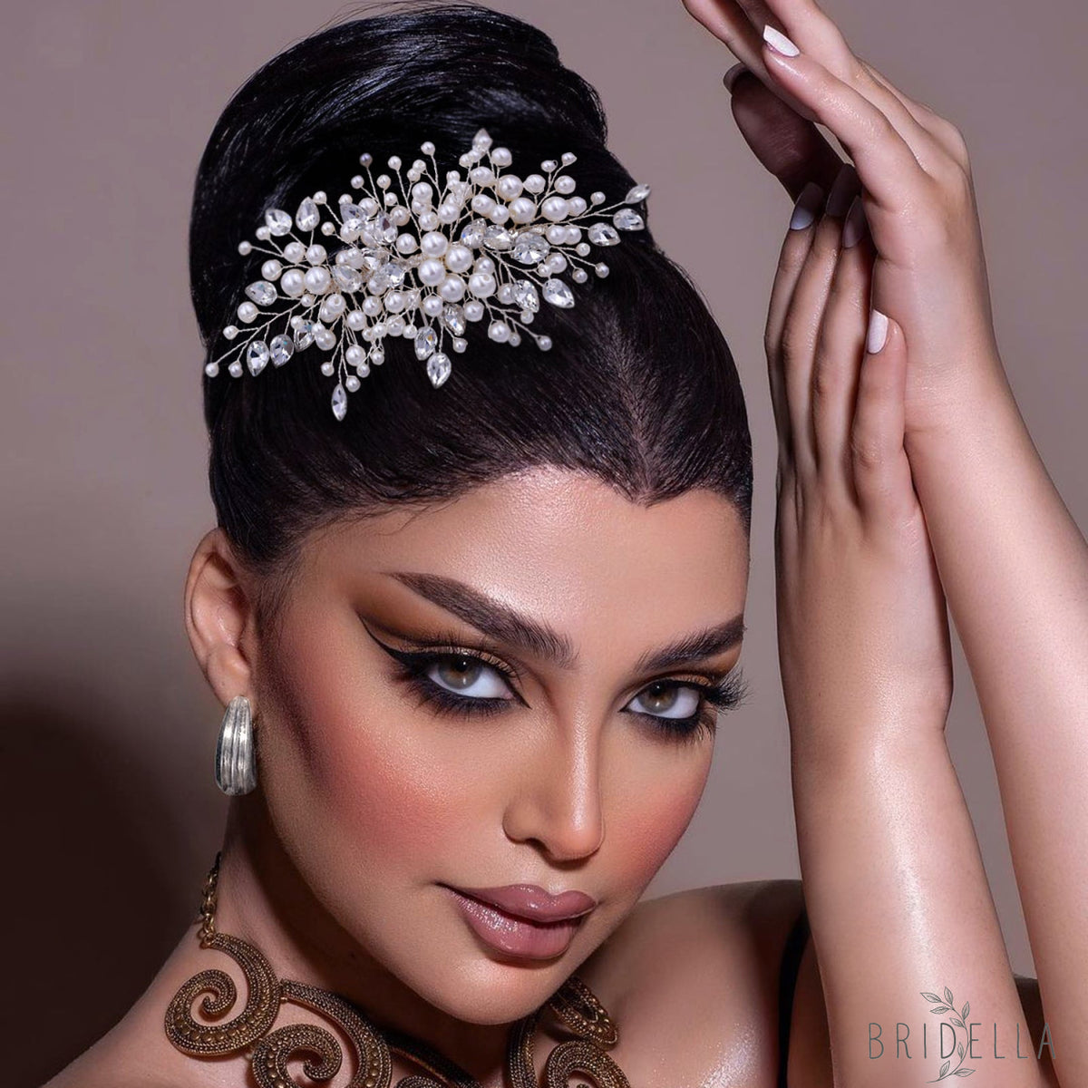 BHP42 silver rhinestone pearl hair comb