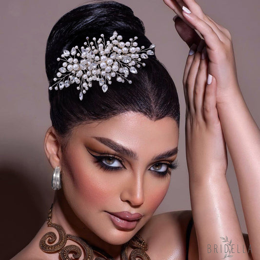 BHP42 silver rhinestone pearl hair comb