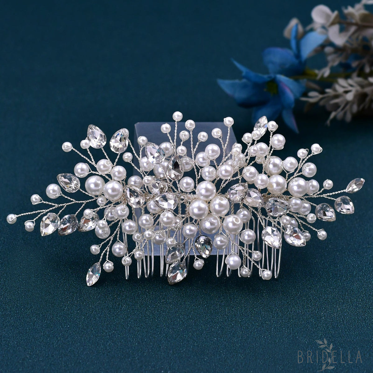 BHP42 silver rhinestone pearl hair comb