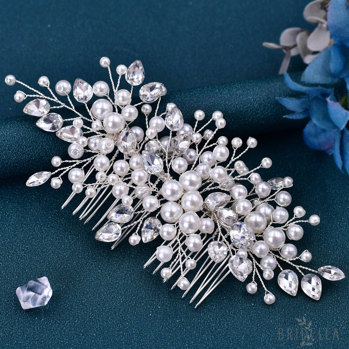 BHP42 silver rhinestone pearl hair comb