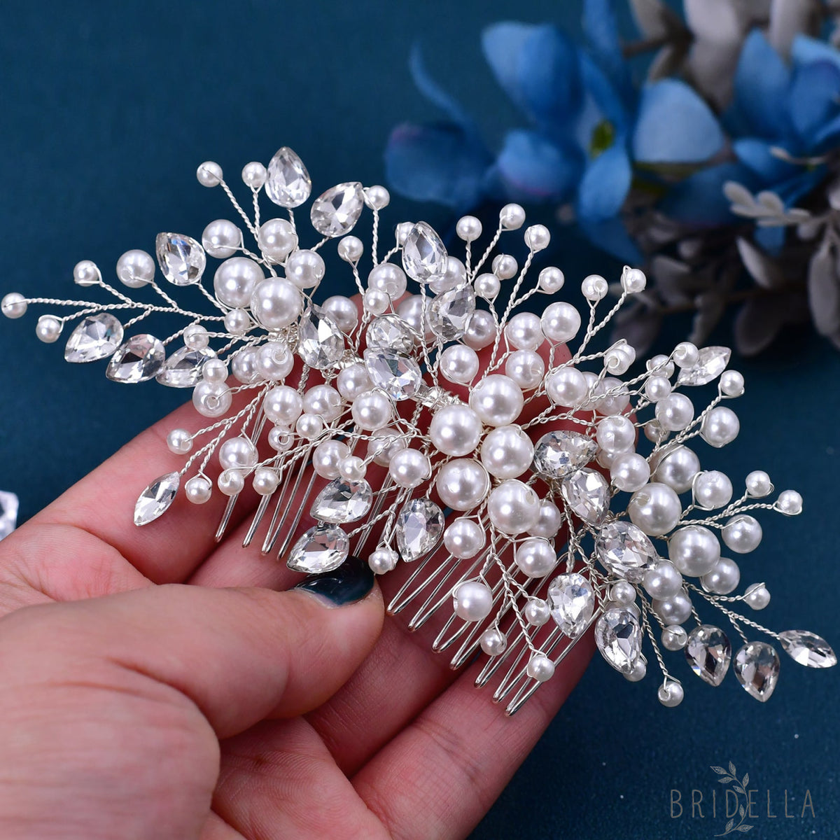 BHP42 silver rhinestone pearl hair comb