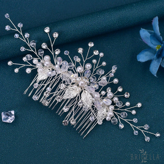 BHP176-S silver rhinestone pearl hair comb