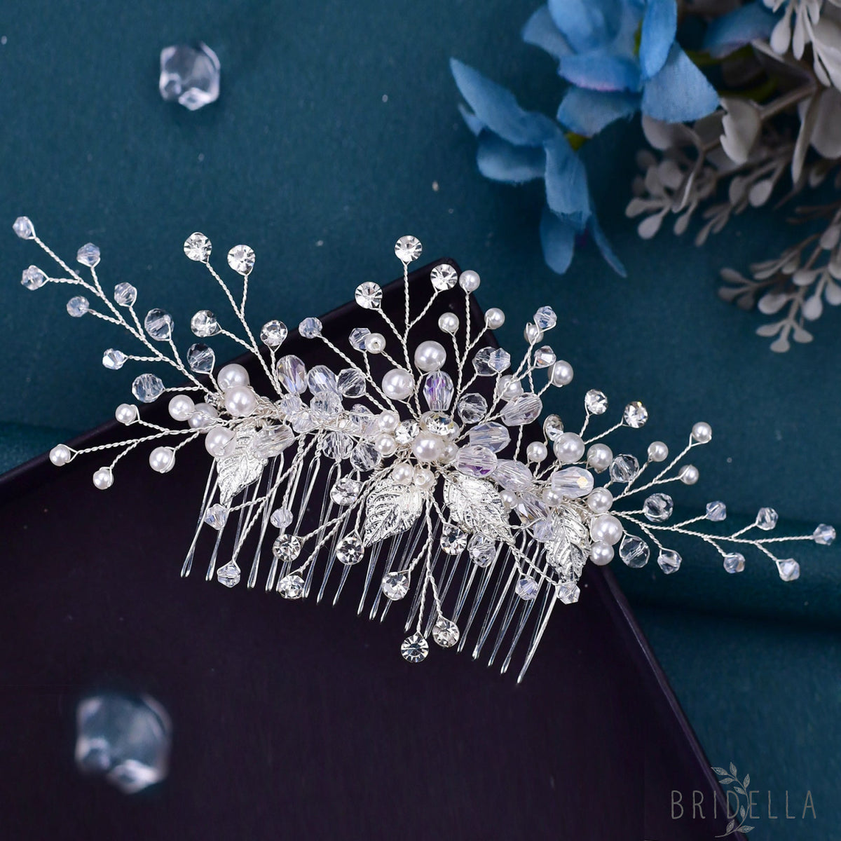 BHP176-S silver rhinestone pearl hair comb