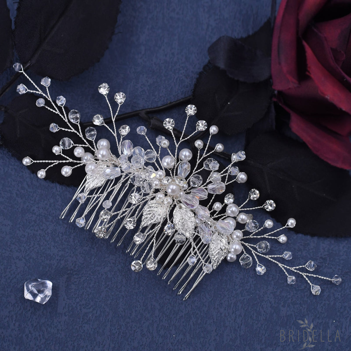 BHP176-S silver rhinestone pearl hair comb