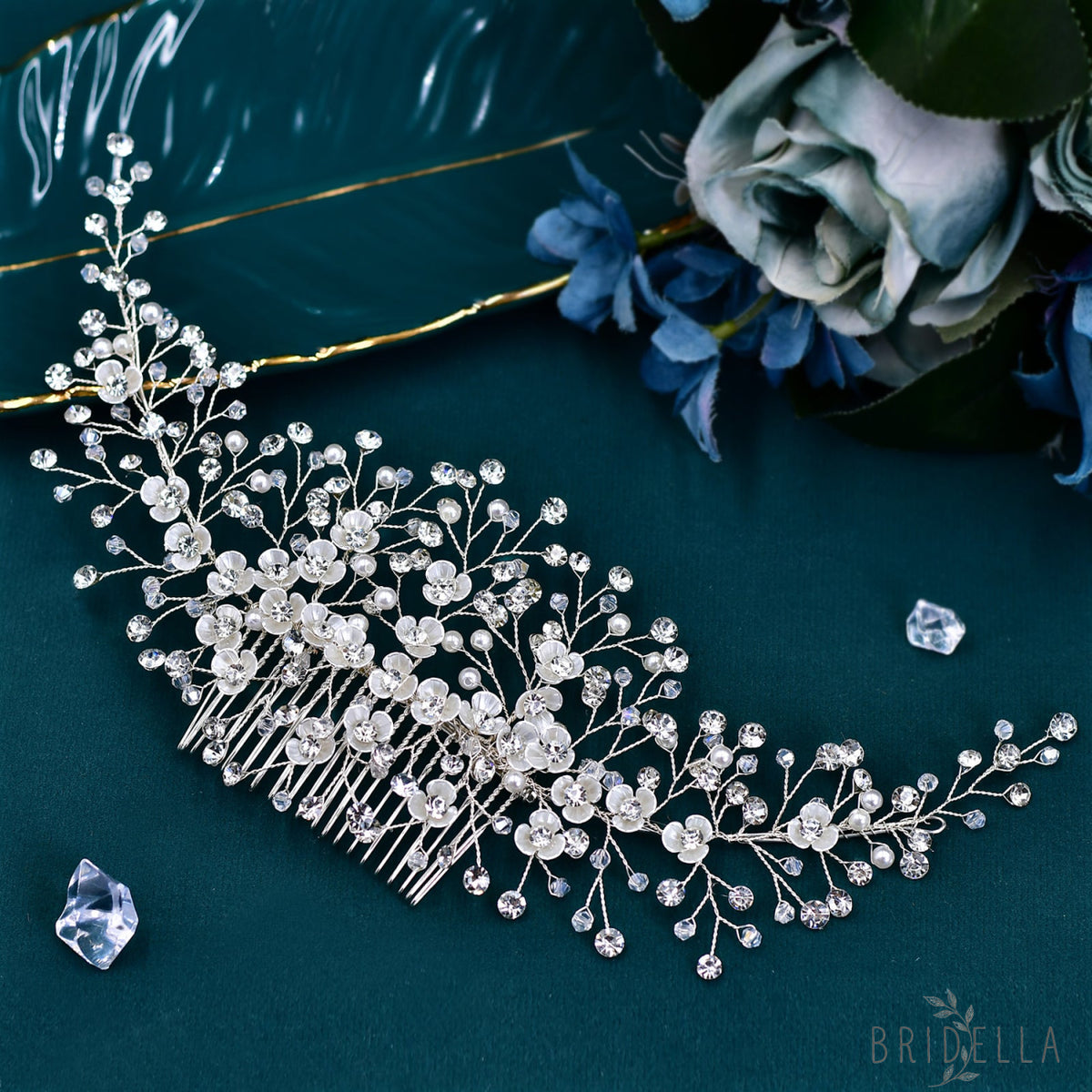 BHP571-S silver rhinestone pearl hair comb