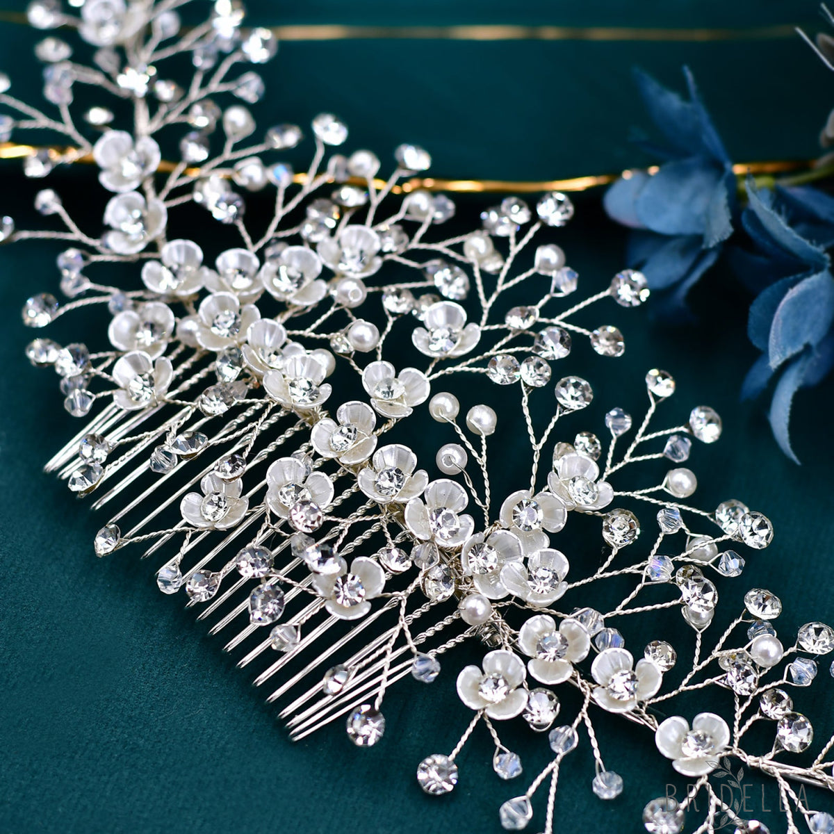 BHP571-S silver rhinestone pearl hair comb