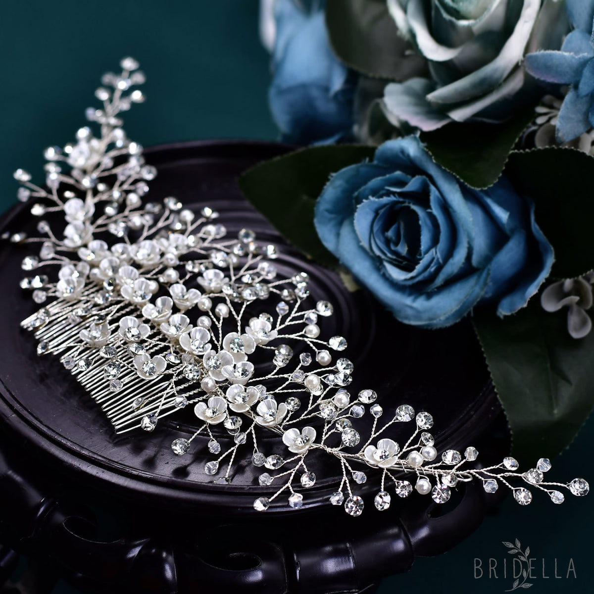 BHP571-S silver rhinestone pearl hair comb