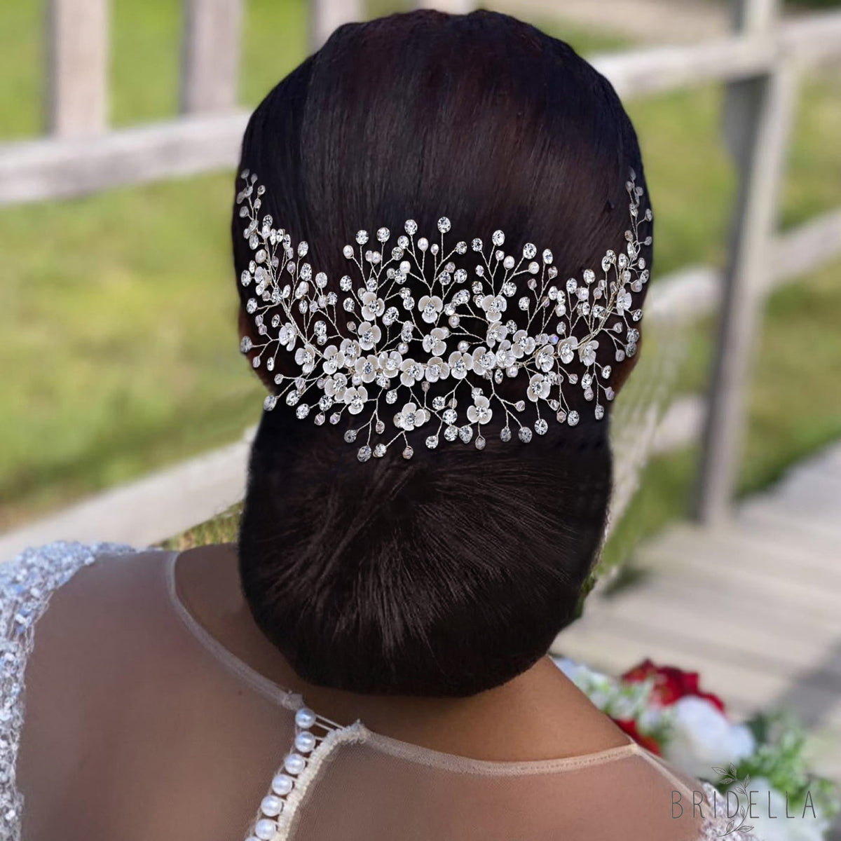 BHP571-S silver rhinestone pearl hair comb