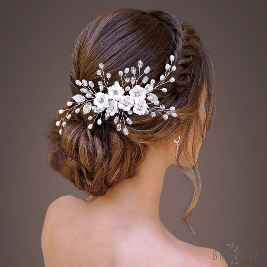 BHP744-S silver rhinestone pearl hair comb