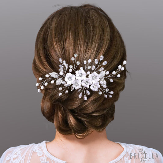 BHP744-S silver rhinestone pearl hair comb