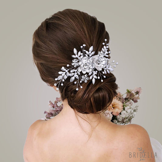 BHP780 silver rhinestone pearl hair comb