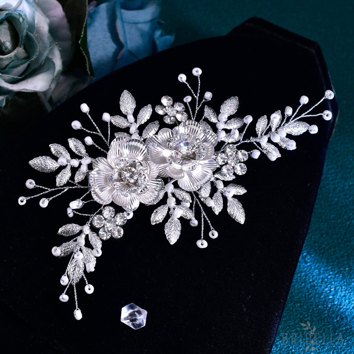 BHP780 silver rhinestone pearl hair comb