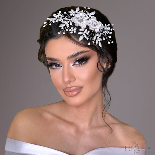 BHP780 silver rhinestone pearl hair comb