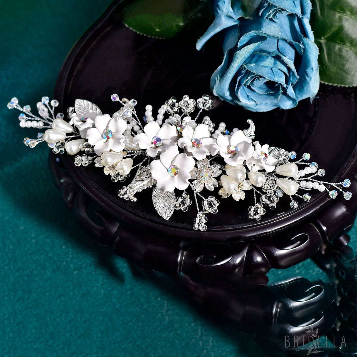 BHP856-S silver rhinestone pearl hair comb