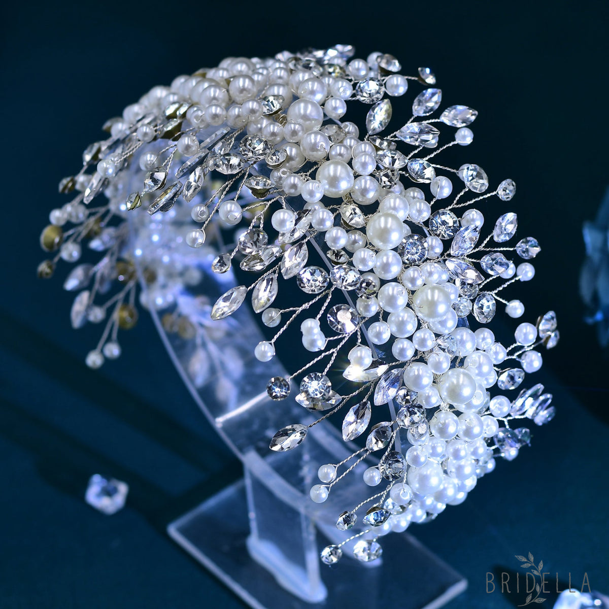 BHP635-S silver rhinestone pearl headband