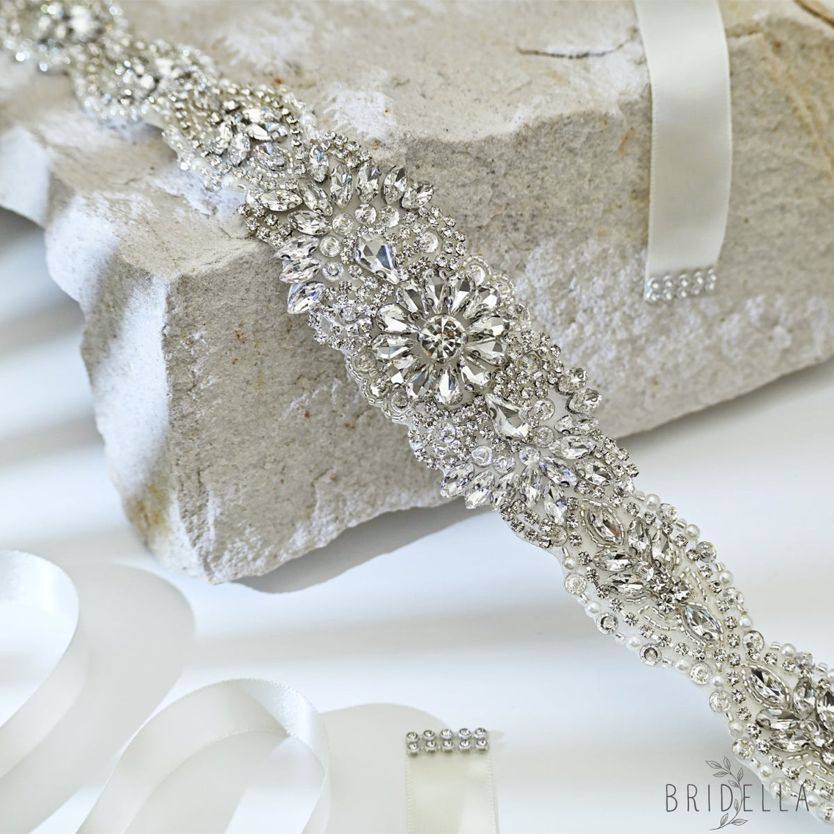 Silver Rhinestone Pearl Bridal Sash Wedding Dress Belt – Bridella BS119 - Sliver - Belts