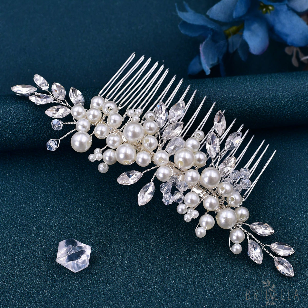 BHP13 silver rhinestone pearl hair comb