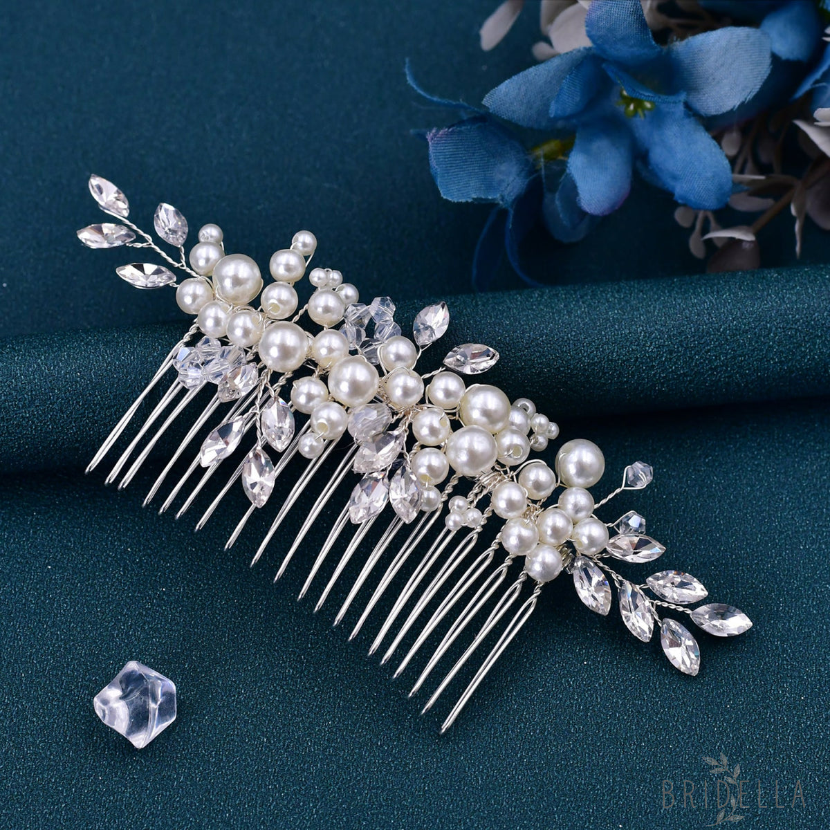 BHP13 silver rhinestone pearl hair comb
