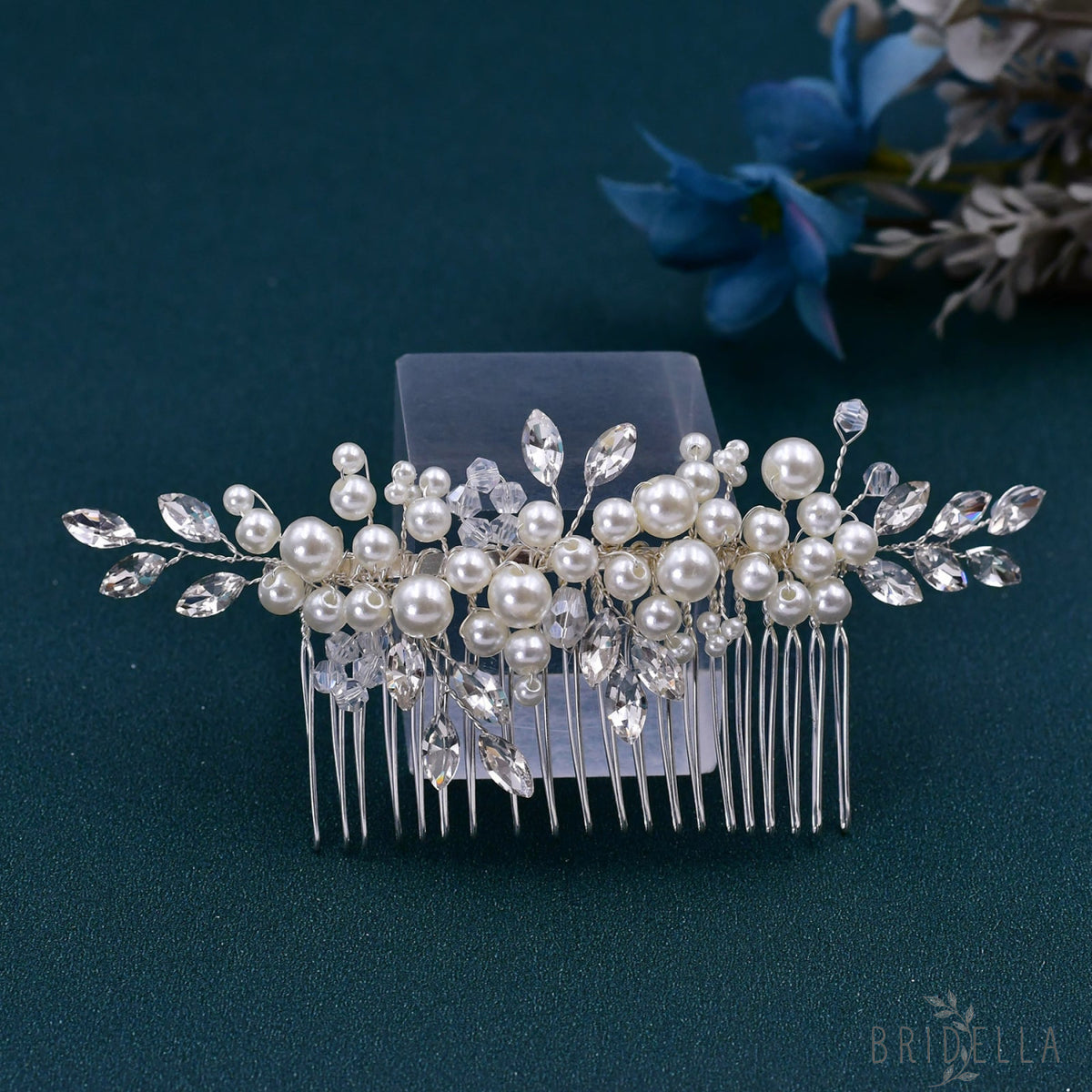 BHP13 silver rhinestone pearl hair comb