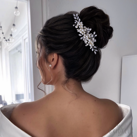 BHP13 silver rhinestone pearl hair comb