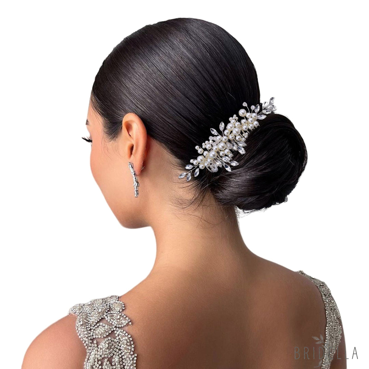 BHP13 silver rhinestone pearl hair comb