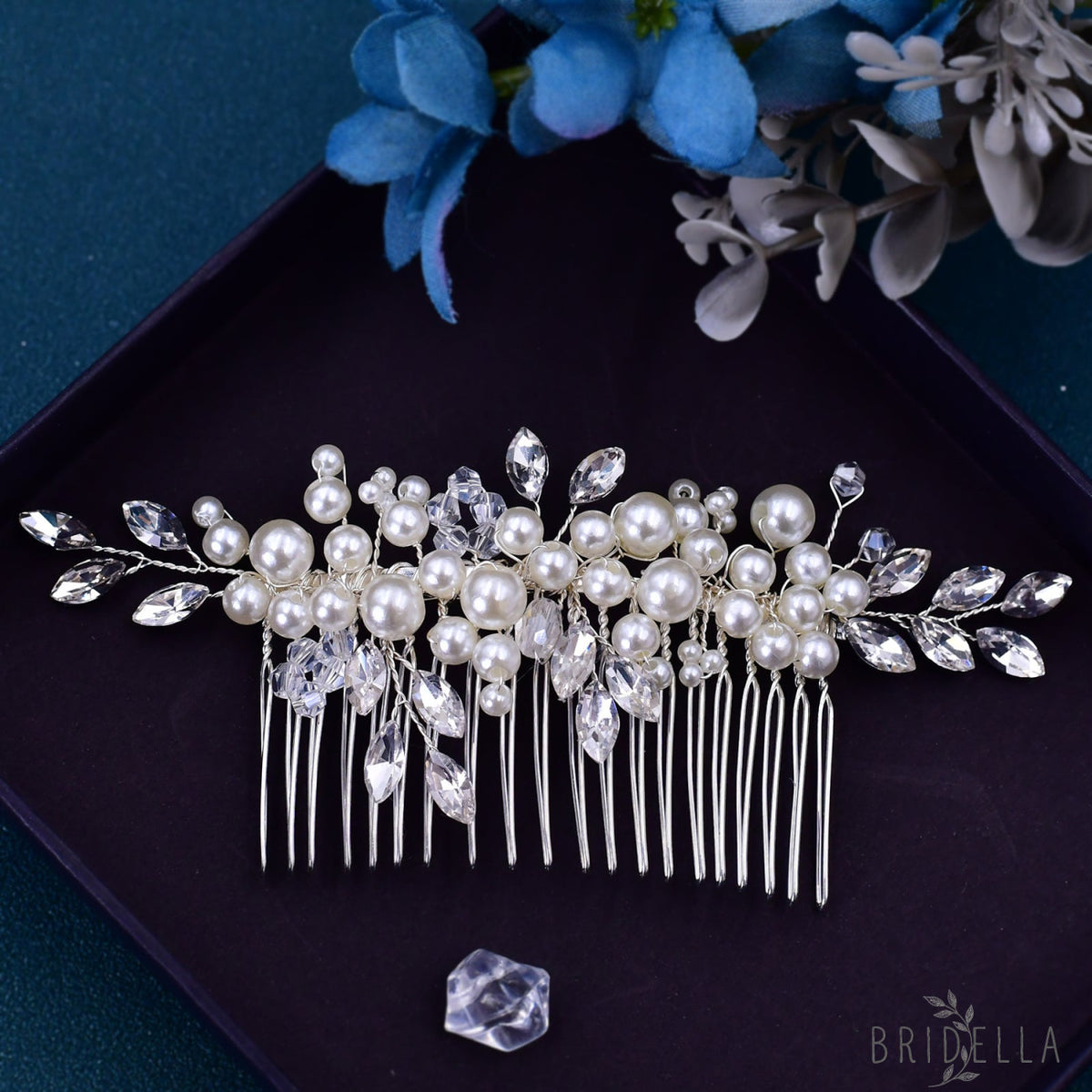 BHP13 silver rhinestone pearl hair comb