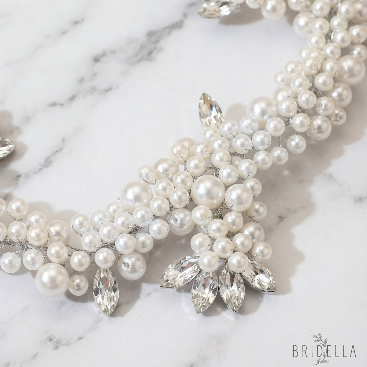 Silver Rhinestone & Pearl Cluster Bridal Headband - Bridella BHP186-S - Silvery - HEADWEAR