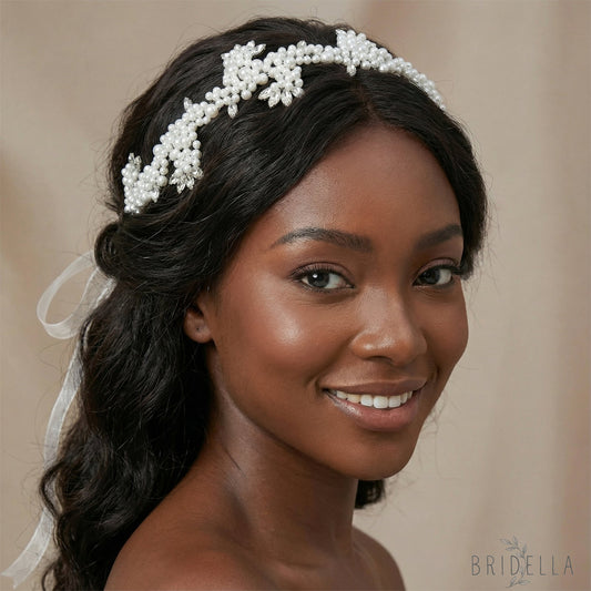 Silver Rhinestone & Pearl Cluster Bridal Headband - Bridella BHP186-S - Silvery - HEADWEAR