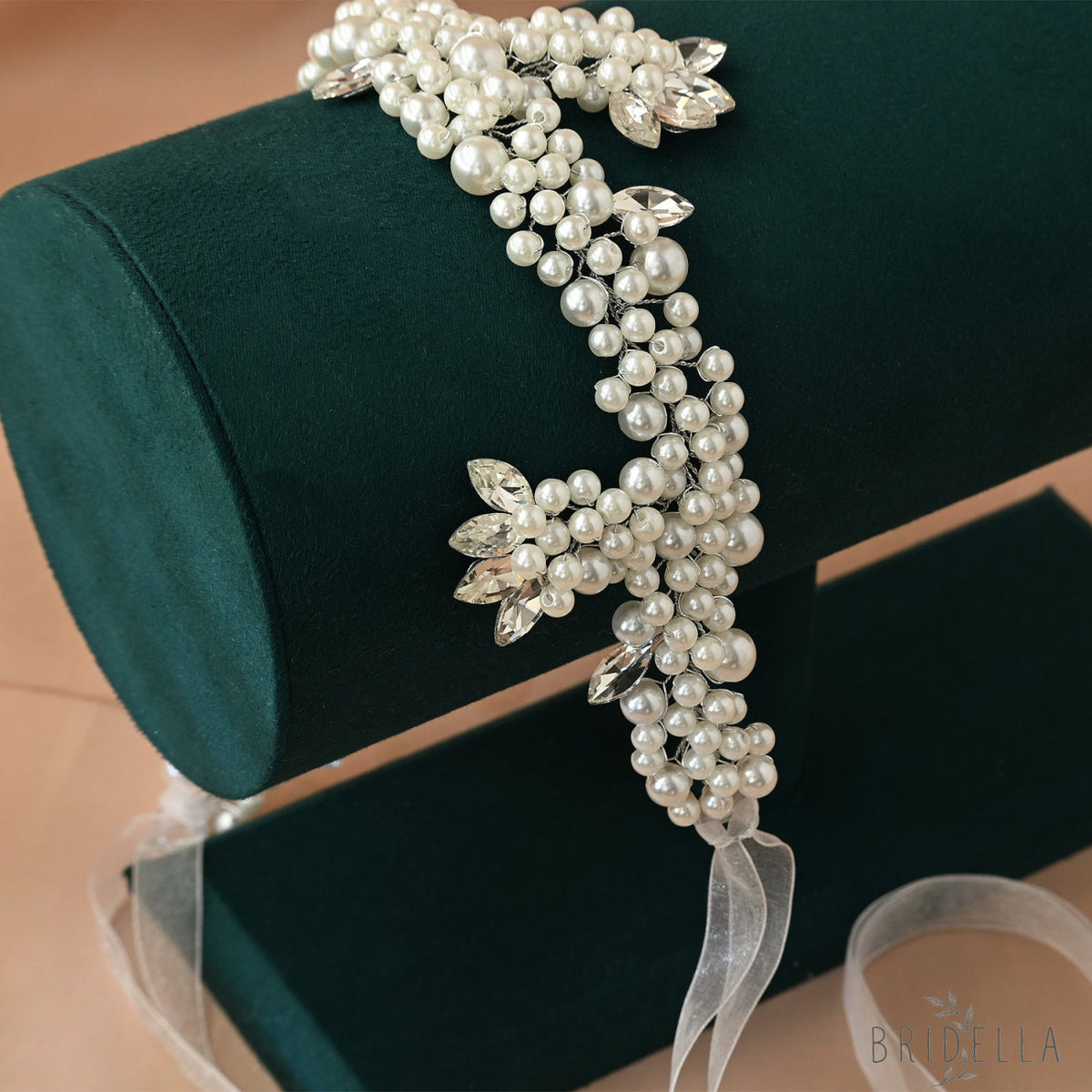 Silver Rhinestone & Pearl Cluster Bridal Headband - Bridella BHP186-S - Silvery - HEADWEAR