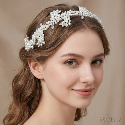 Silver Rhinestone & Pearl Cluster Bridal Headband - Bridella BHP186-S - Silvery - HEADWEAR