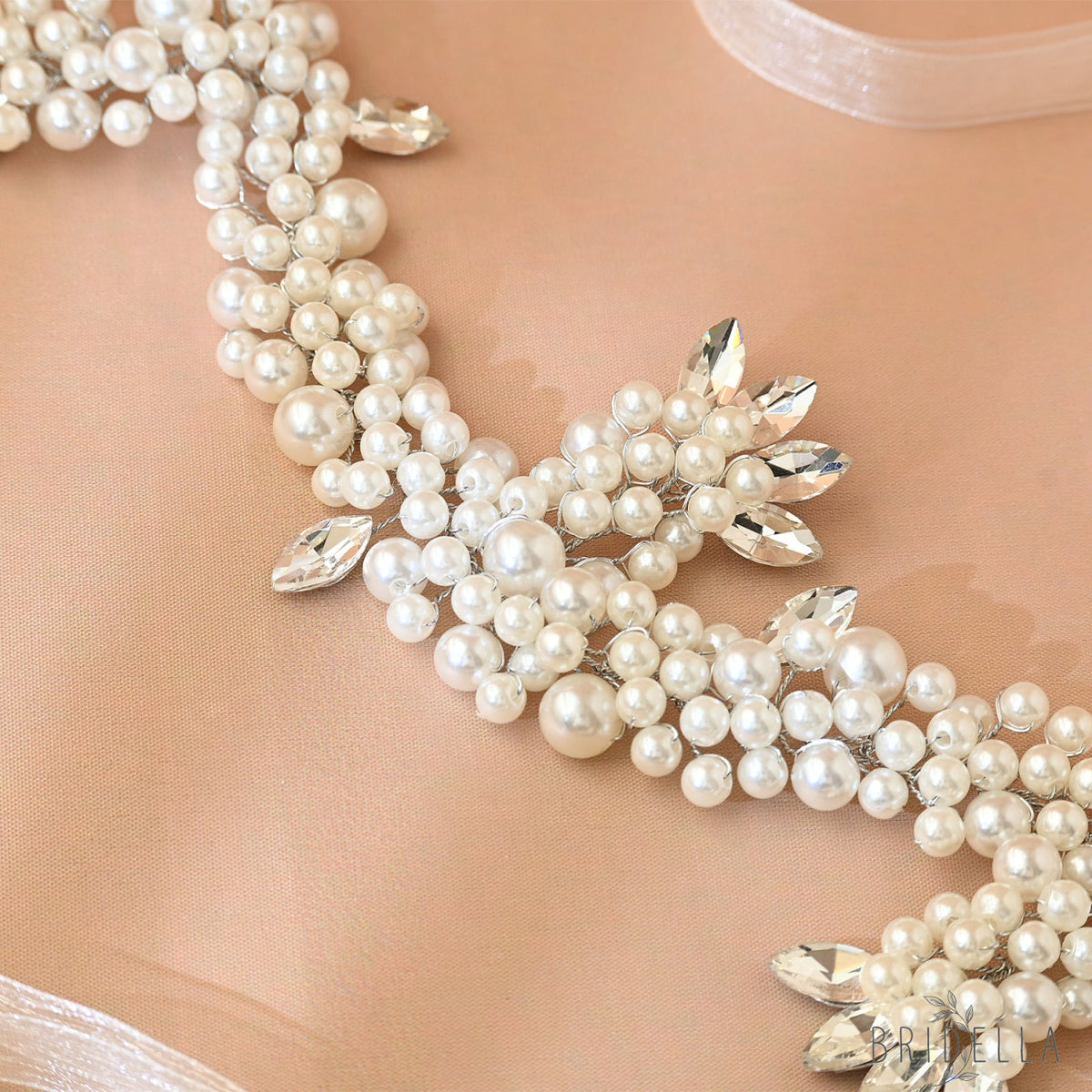 Silver Rhinestone & Pearl Cluster Bridal Headband - Bridella BHP186-S - Silvery - HEADWEAR