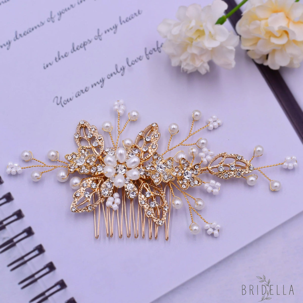 BHP342-S silver rhinestone pearl hair comb