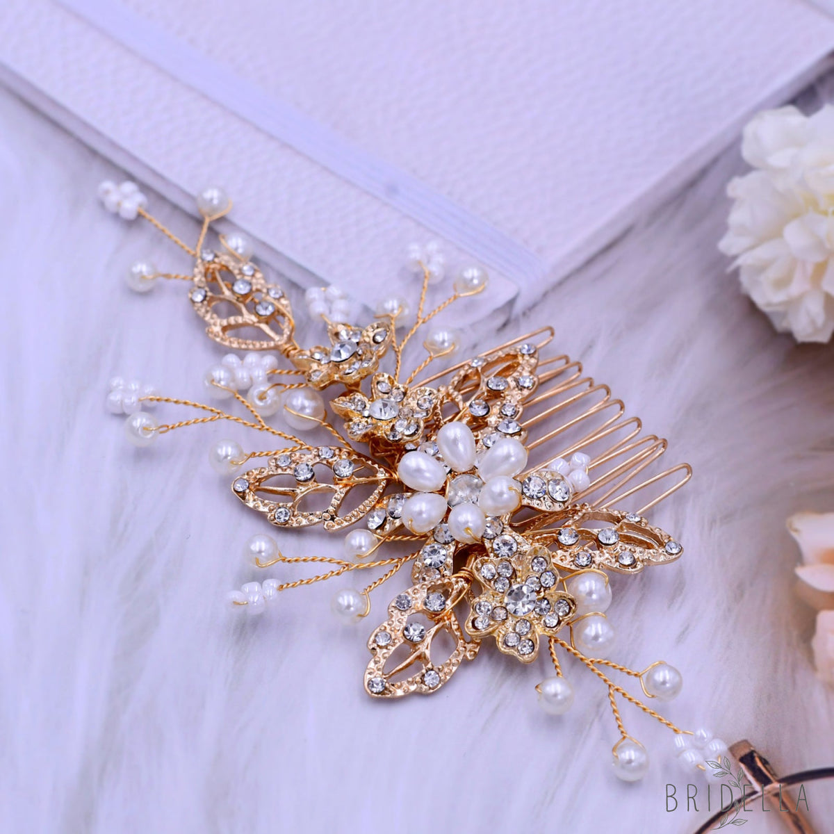 BHP342-S silver rhinestone pearl hair comb