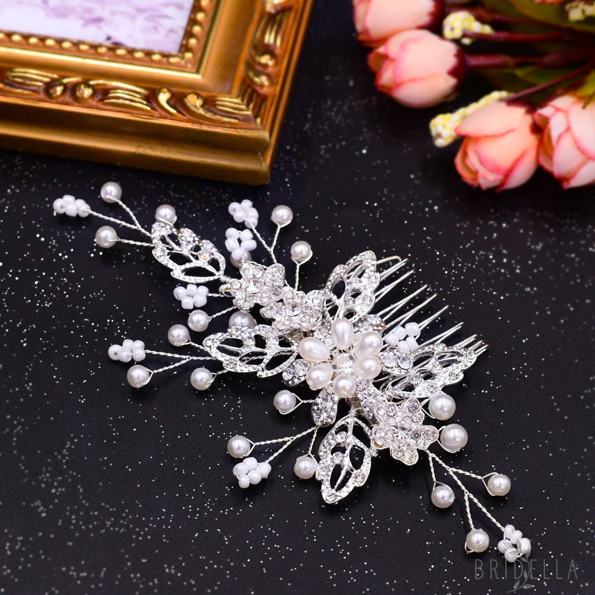 BHP342-S silver rhinestone pearl hair comb