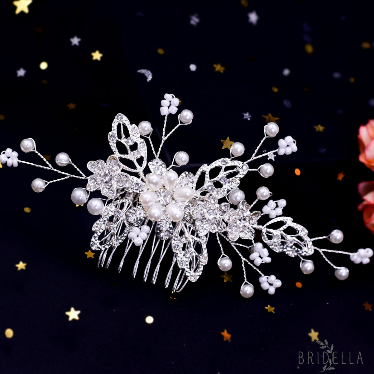 BHP342-S silver rhinestone pearl hair comb