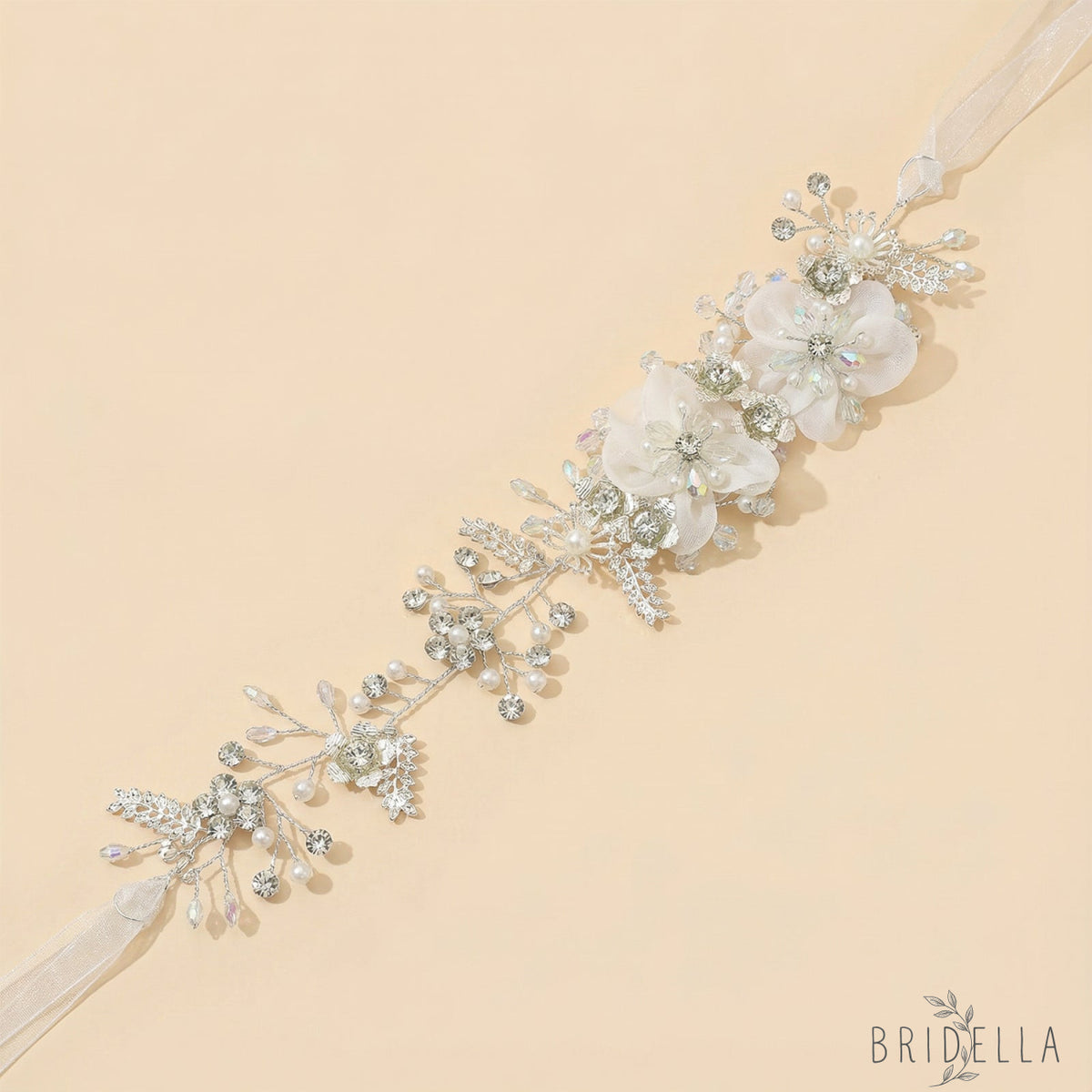 Silver Rhinestone & Pearl Floral Bridal Headband - Bridella BHP275-S - Silvery - HEADWEAR