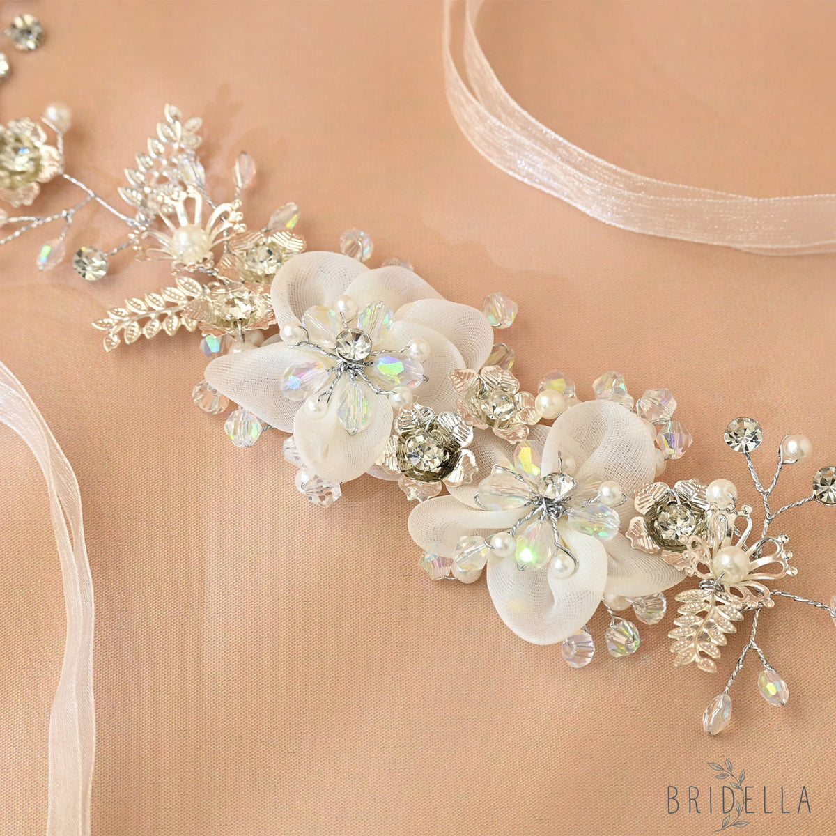 Silver Rhinestone & Pearl Floral Bridal Headband - Bridella BHP275-S - Silvery - HEADWEAR