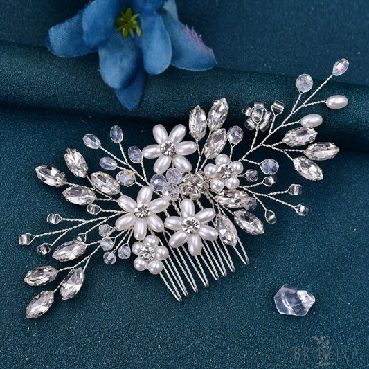 BHP346-S silver rhinestone pearl hair comb