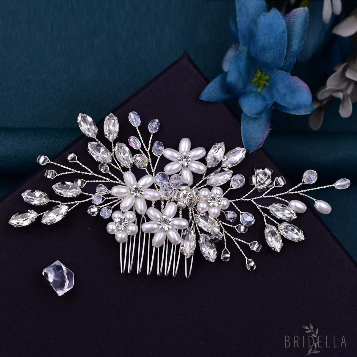 BHP346-S silver rhinestone pearl hair comb