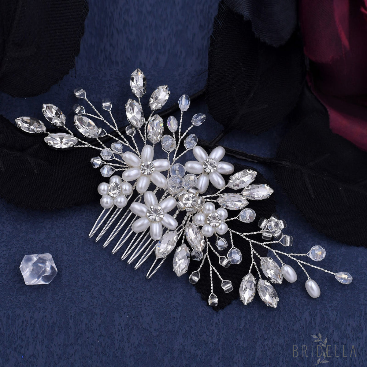 BHP346-S silver rhinestone pearl hair comb