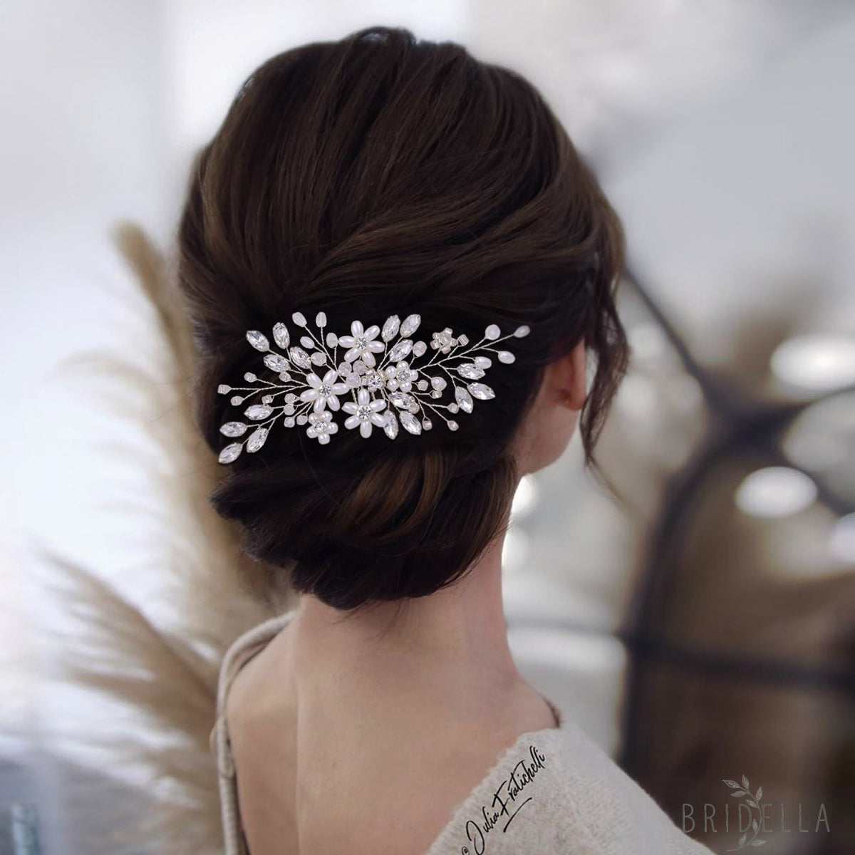 BHP346-S silver rhinestone pearl hair comb