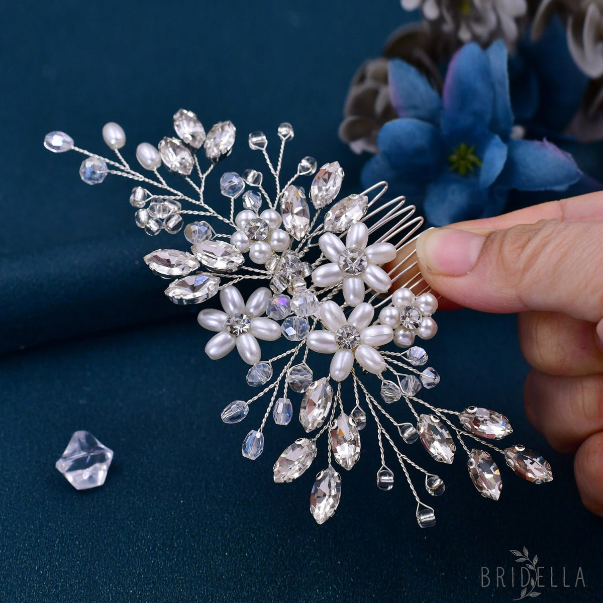 BHP346-S silver rhinestone pearl hair comb
